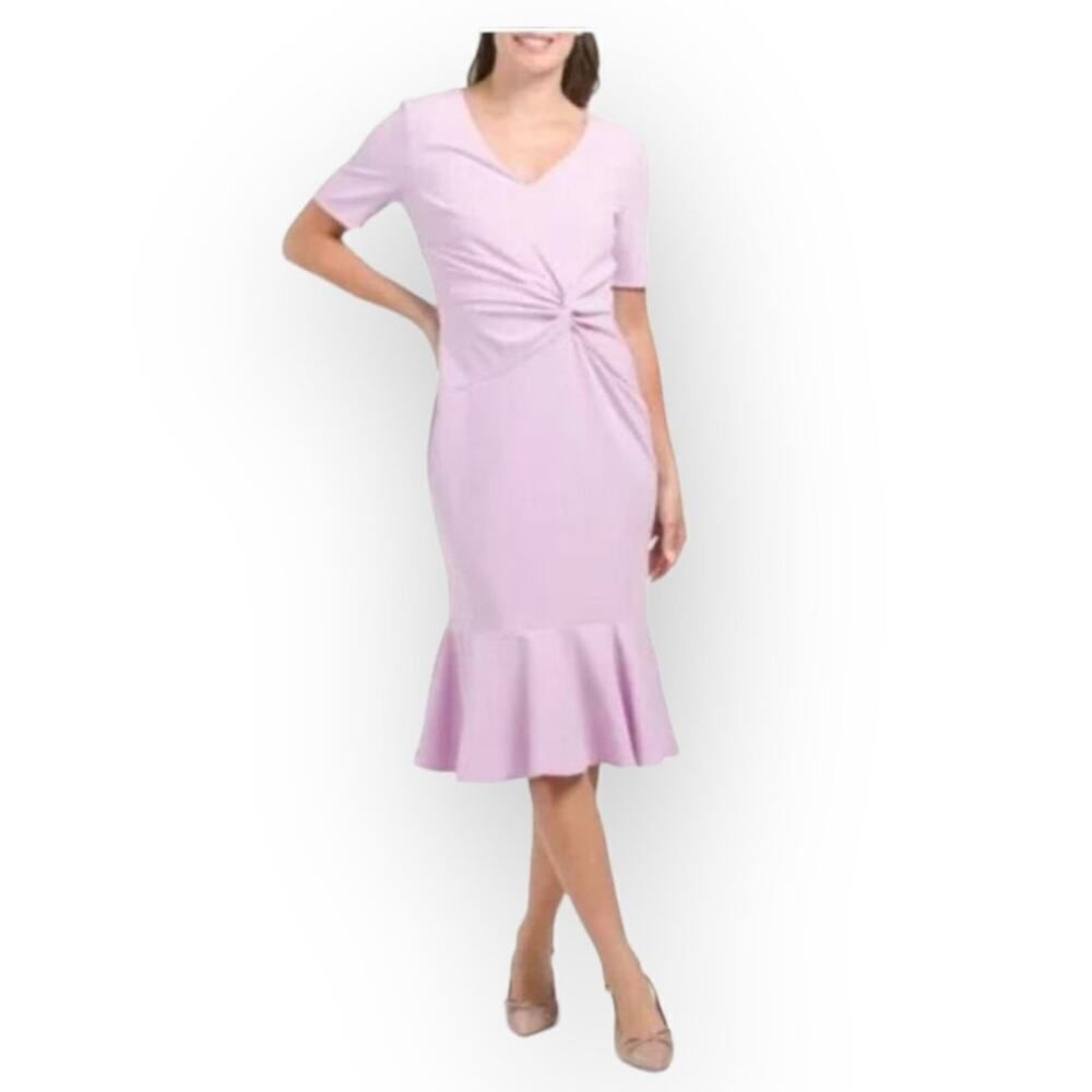 London Times Twist Front Dress Womens 6 Lavender Knee Length V-Neck Short Sleeve